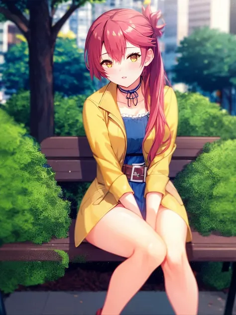 masterpiece, ultra high quality cg, best quality, sara valestein, choker, yellow jacket, blue dress, belt, sitting, park bench, city street