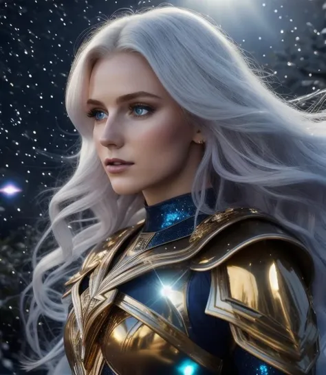 hair red gradient blonde, night sky, detailed face, face focus, shiny skin, game cg, nigh sky, moonlight, moon, white gloves, magical girl beauty in dress glass, Intricate Surface Detail, Crystal Core , Ethereal Fantasy, Realistic, Fiction, Full-HD, 8K Photo,  HD,, photo, woman,realistic, princess warrior, body armor gold, hair white, couple, dramatic lighting, blue sparkle, 8k, hyperrealistic,