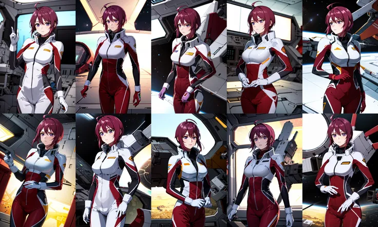 masterpiece, best quality, highres, 1girl, solo, short hair, ahoge, red hair, purple eyes, purple hair, pilot suit, gloves, <lora:lunamaria_hawke_v10:0.7>, cowboy shot, standing, spacecraft, indoors