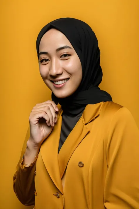 instagram photo, closeup face photo of 23 y.o, pale skin, (smile:0.4), hard shadows, <lora:Yellow:1> hijab, yellow jacket, black shirt, asian,