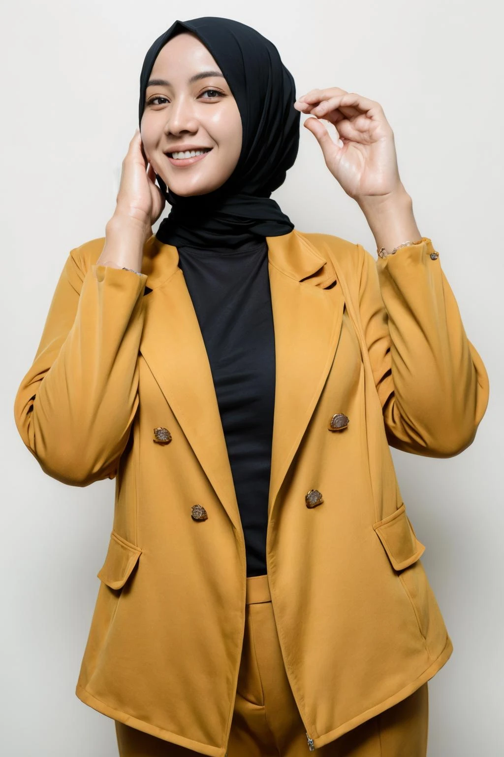 realistic, <lora:more_details:0.6> hijab, front,yellow, jaket, smile , good hand, , detailed face, good eye <lora:Yellow-000007:0.8>