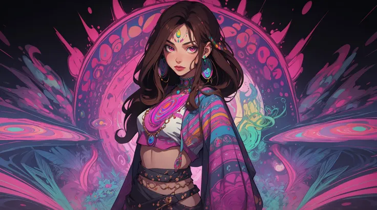 (psychedelic:1.3) (hippie:1.2), brunette, standing, portrait, metal accessories, jewelry,