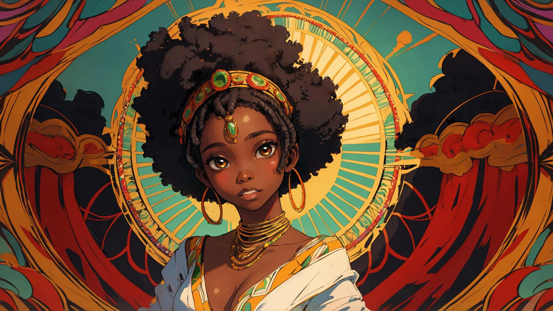 high quality, masterpiece, African queen, afro, psychedelic