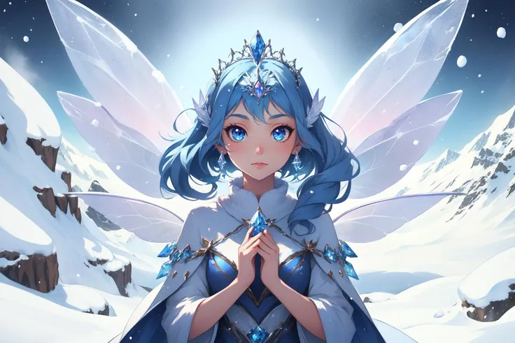 1girl, Majestic mountain peak, snow fairy, snowy fairy wings, crystal tiara, magical, facing viewer, (symmetry:1.2),
