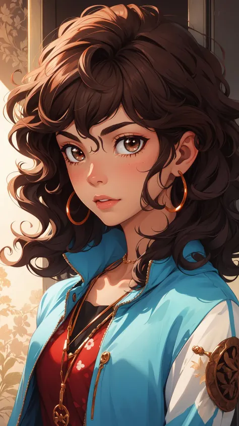 brown hair, curly hair, mixed race, hippie, metal jewelry,