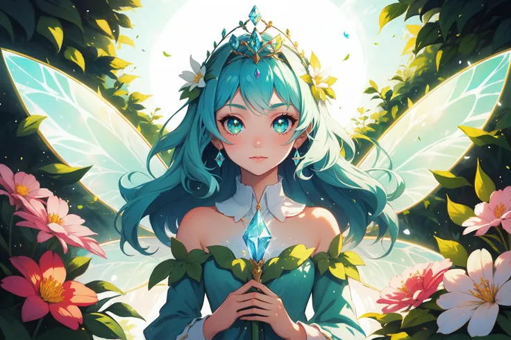 1girl, Lush green meadow, flower fairy, sparkling wand, colorful flower fairy wings, crystal tiara, magical, facing viewer, (symmetry:1.2),