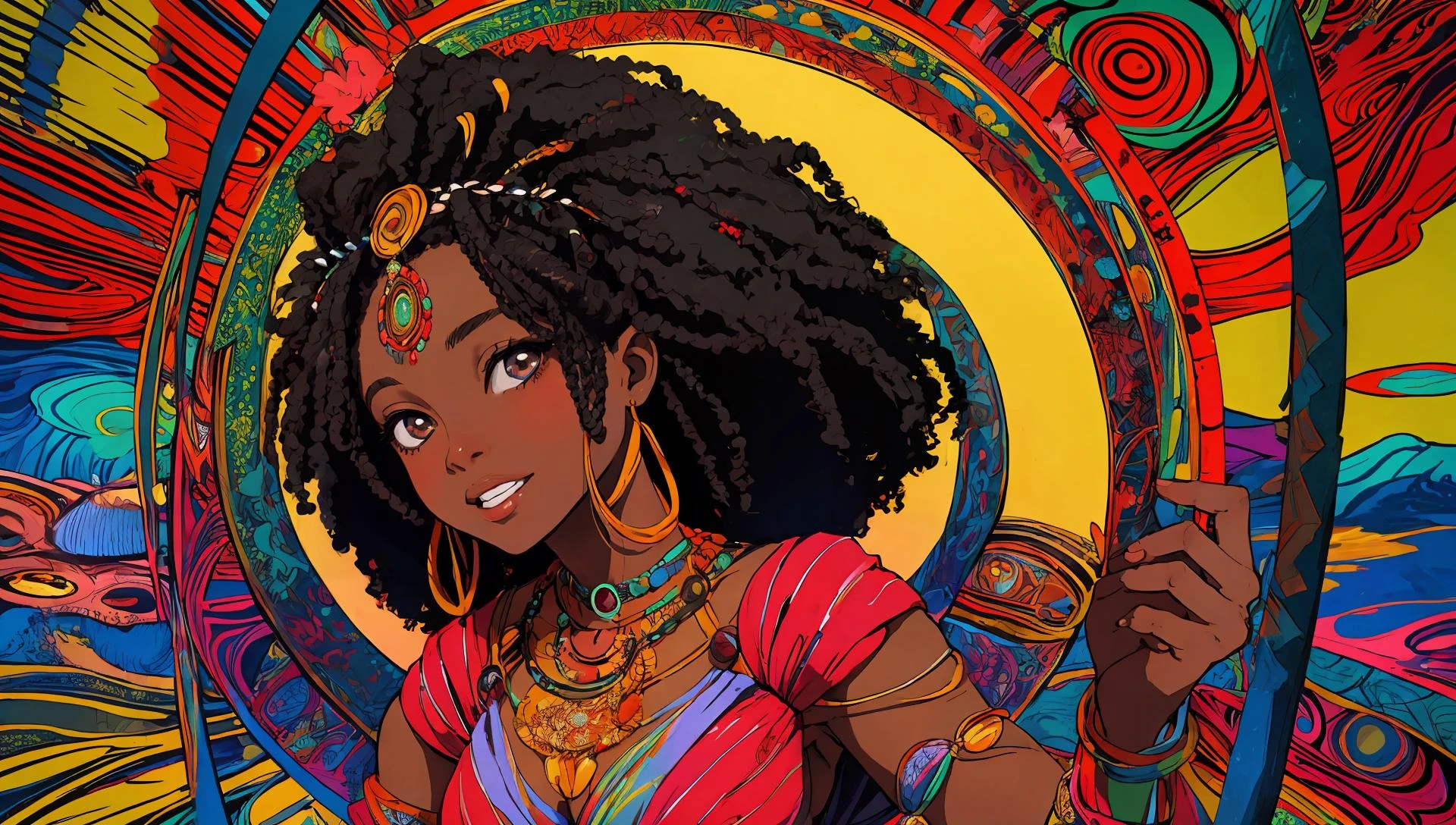 high quality, masterpiece, 1girl, African queen, afro, psychedelic