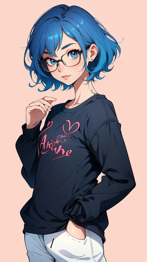 blue hair, straight short hair, casual outfit, semi-rimless eyewear, cartoon style,