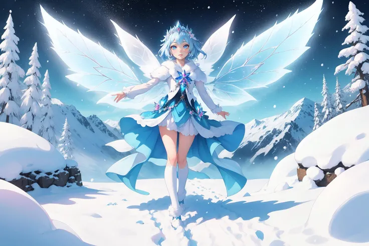 1girl, Majestic mountain peak, snow fairy, snowy fairy wings, crystal tiara, magical, facing viewer, (symmetry:1.2),