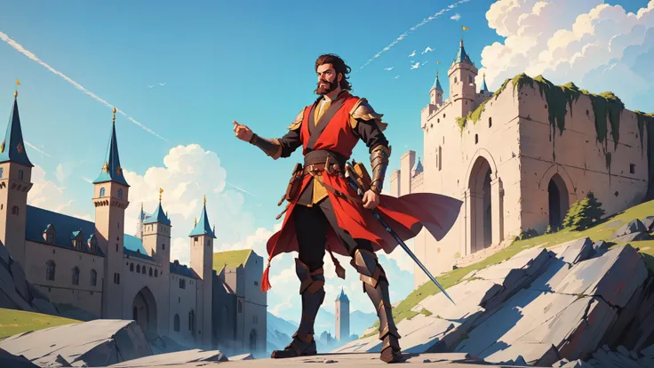 A warrior ready to go to battle, male, beard, full body, castles, magical, masterpiece, high quality, 4k, (Highest picture quality), (Master's work), (ultra-detailed), absurdres, original, (masterpiece:1.4),(best quality:1.4), blue sky, very colorful, warrior,