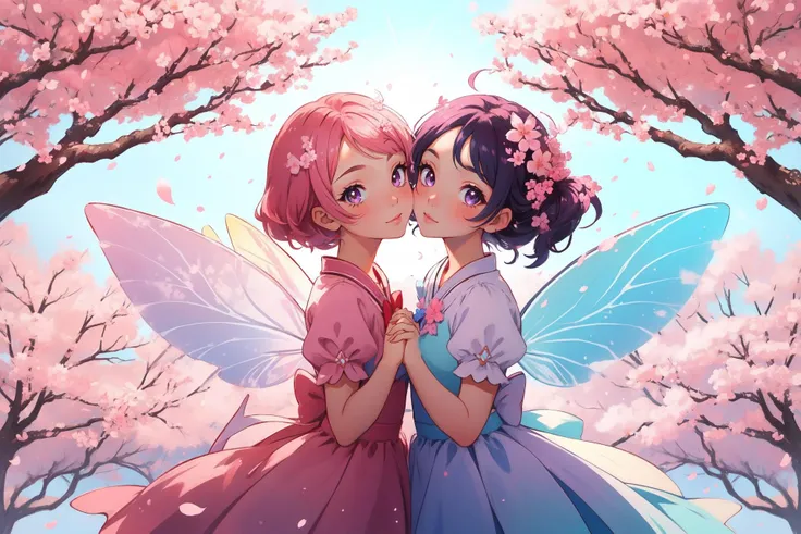 1girl, Cherry blossom orchard in full bloom, cherry blossom fairy, cherry blossom fairy wings, magical, facing viewer, (symmetry:1.2), holding hands,
