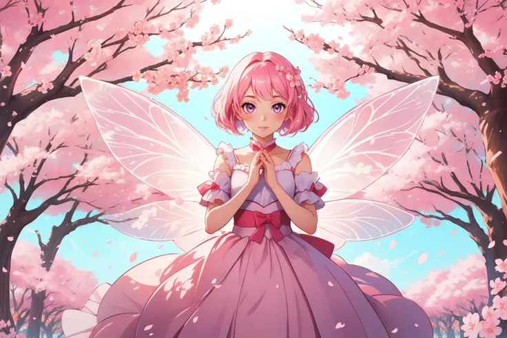1girl, Cherry blossom orchard in full bloom, cherry blossom fairy, cherry blossom fairy wings, magical, facing viewer, (symmetry:1.2),