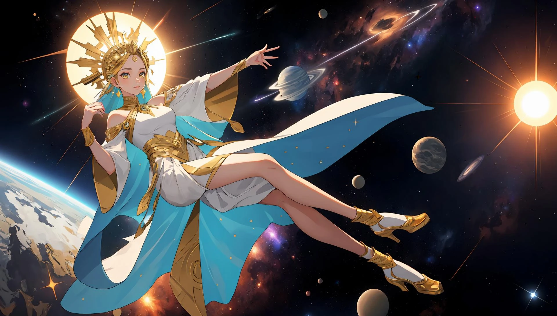 high quality, masterpiece, sun goddess, space, stars, sparkles, gold, white, full body