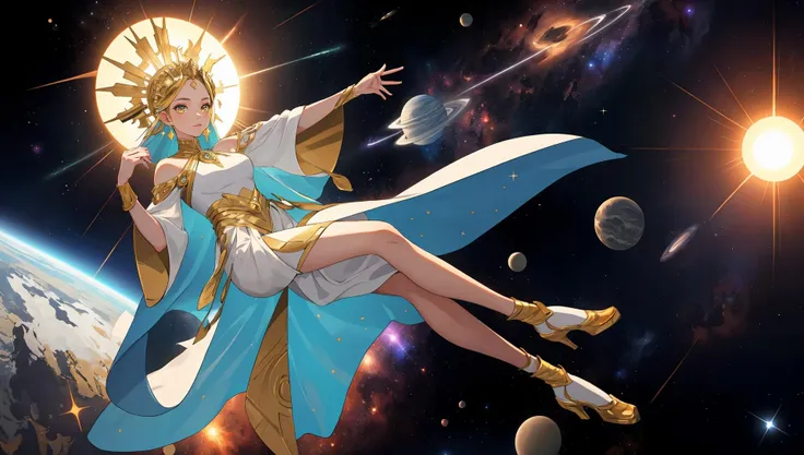 high quality, masterpiece, sun goddess, space, stars, sparkles, gold, white, full body