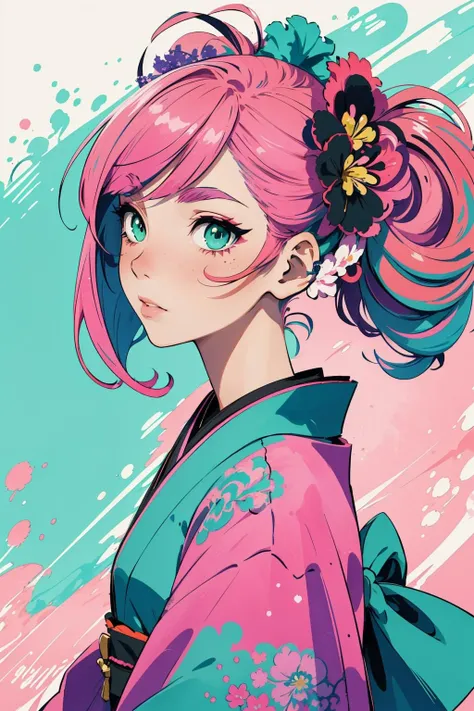 masterpiece, best quality, 1 girl, green eyes, kimono, (lycoris flower) in hair, highly detailed, high definition, pink hair, (pnk ink, pink paint splatter), (teal ink, teal paint splatter), (violet ink, violet paint splatter), watercolor, vibrant colors