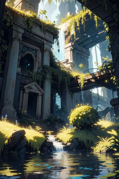 extreme quality, cg, photorealistic, (bright colors:0.9), light, elemental, water magic, blue, water, magical, righteous, (outdoors), masterpiece, 8k, (tone mapping, hyper focus:0.5), limited palette, (dappled sunlight:0.7), reflective surface, orange, wholesome, (varied depth of field:0.8), complimentary colors, particle dust, green embers, (ancient), (pyramid:0.7), flood, (vegetation), plants, (destiny 2:1.25), (no humans:1.5), (neon cyber technology:1.27), (architecture:0.8), magical, ruins, (catacomb:0.7), ripples, granite, detailed texture, flower, marble, vine