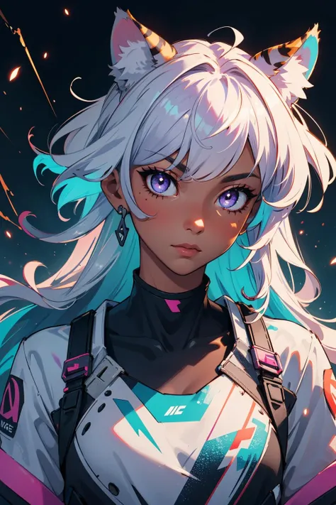 (masterpiece:1.1), (highest quality:1.1), (HDR:1.0), extreme quality, cg, (negative space), detailed face+eyes, 1girl, fox ears, animal ear fluff, (plants:1.18), (fractal art), (bright colors), splashes of color background, colors mashing, paint splatter, complimentary colors, neon color, (thunder tiger), compassionate, electric, limited palette, synthwave, fine art, tan skin, upper body, (violet and tan:1.2), time stop