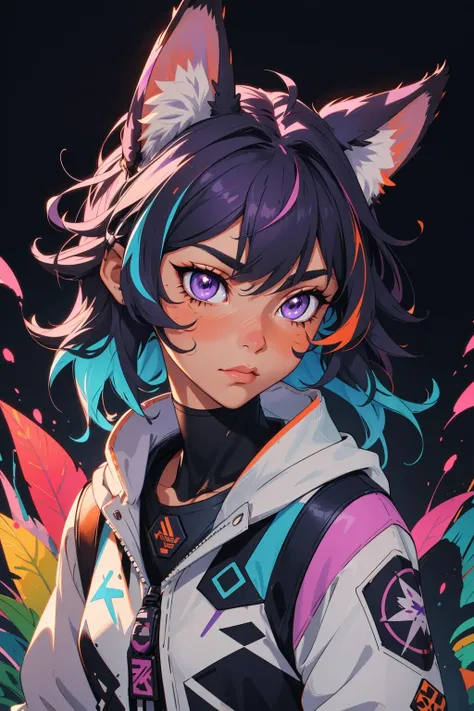 (masterpiece:1.1), (highest quality:1.1), (HDR:1.0), extreme quality, cg, (negative space), detailed face+eyes, 1girl, fox ears, animal ear fluff, (plants:1.18), (fractal art), (bright colors), splashes of color background, colors mashing, paint splatter, complimentary colors, neon color, (thunder tiger), compassionate, electric, limited palette, synthwave, fine art, tan skin, upper body, (violet and tan:1.2), time stop