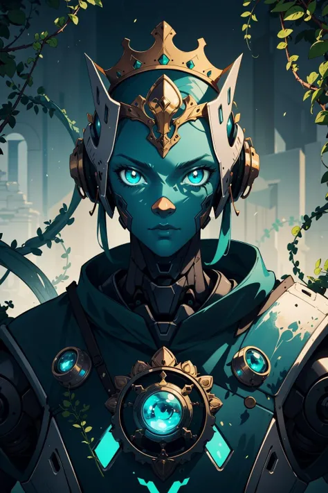(intricate details), eldritch, (robot:1.3), teal, (green:1.2), (white:0.9), epic, armor, (pauldrons:0.8), crown, portrait, cyber \(theme\), wise, vines, moss, sunbeam, ruins, glow, magic dust eyes, metal, (golden)