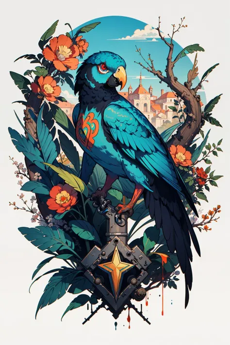 (art by Tristan Eaton:1.3) , 8k Painting, hyper detailed, body shot of a Timeless Parrot, Shameful, 50mm, Rust hue, most beautiful artwork in the world