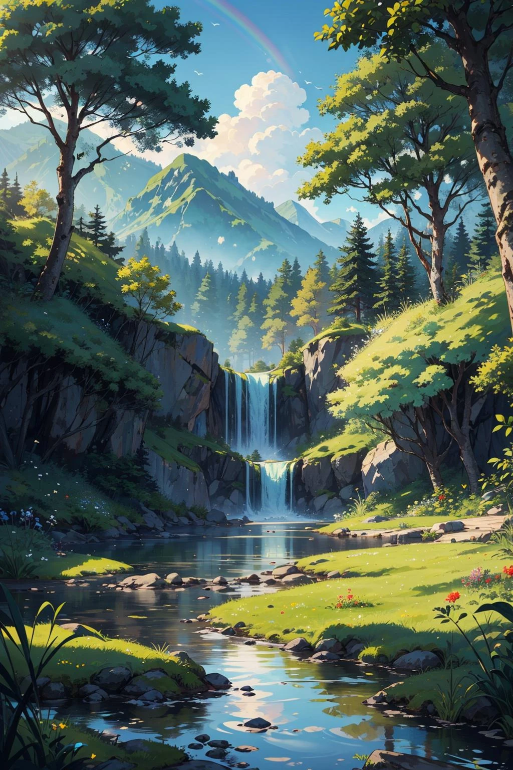 (masterpiece:1.1), (highest quality:1.1), (HDR:1.0), bush, cloud, day, field, flower, forest, garden, grass, jungle, natural spring, landscape, moss, mountain, nature, no humans, outdoors, overgrown, path, plant, pond, rainbow, river, rock, scenery, sky, stream, sunlight, tree, tree stump, water, waterfall