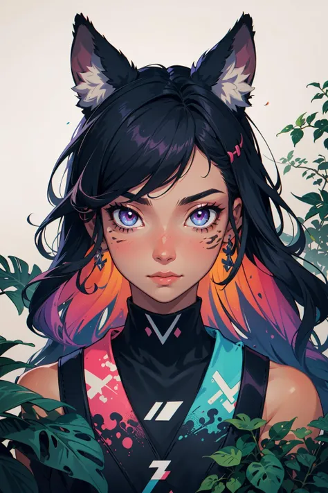 (masterpiece:1.1), (highest quality:1.1), (HDR:1.0), extreme quality, cg, (negative space), detailed face+eyes, 1girl, fox ears, animal ear fluff, (plants:1.18), (fractal art), (bright colors), splashes of color background, colors mashing, paint splatter, complimentary colors, neon color, (thunder tiger), compassionate, electric, limited palette, synthwave, fine art, tan skin, upper body, (violet and tan:1.2), time stop