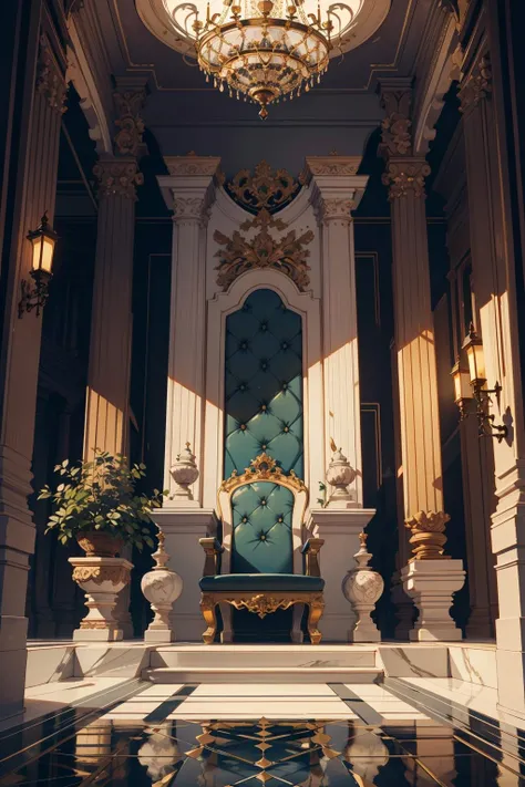 extreme quality, realistic photo of reflective marble flooring, (throne), nature, luxury, plants, supreme, ultra-detailed, extreme quality, masterpiece, 8k, intricate details, (no humans:1.3)