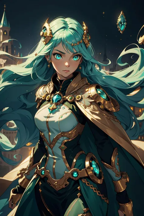 (intricate details),1girl, woman, hair ornament, cape, eldritch, white, (green:1.2), (dark theme:0.85), epic, rough cybersteam \(theme\), glow, glowing eyes, sparkle, long hair, (floating hair:1.2), aura, (gold:1.2), steampunk, (aqua theme:1.2), technology, scifi, (castle), bubbles