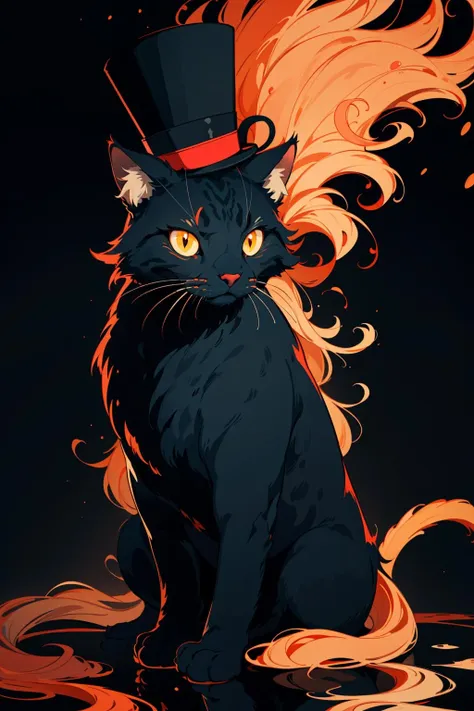 masterpiece, best quality, ultra high res, a cute cat, animal, beautiful, visually stunning, elegant, incredible details, award-winning painting, high contrast, vector art, line art, splatter, flat color, color merge gradient, (kitten:0.7), (dark orange theme:1.2), glowing, neon, (fluffy:1.2), top hat, cat eyes, serious, coral, (no humans:1.4)