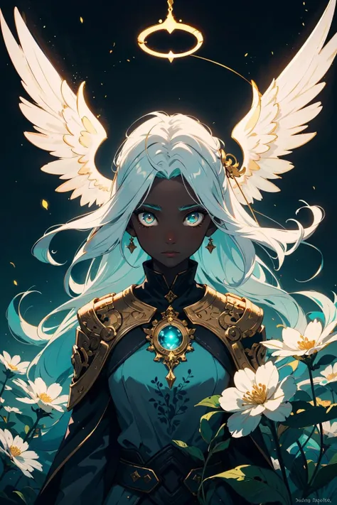 (intricate details), eldritch, (dream), illustration, heaven background, flowers, 1girl, white hair, golden eyes, long hair, halo, angel wings, (dark skin), serene, looking at viewer, marroon, (aqua:1.2), plants, (white:0.8), immaculate, heroic \(theme\), glow, glowing beam eyes, (gold)