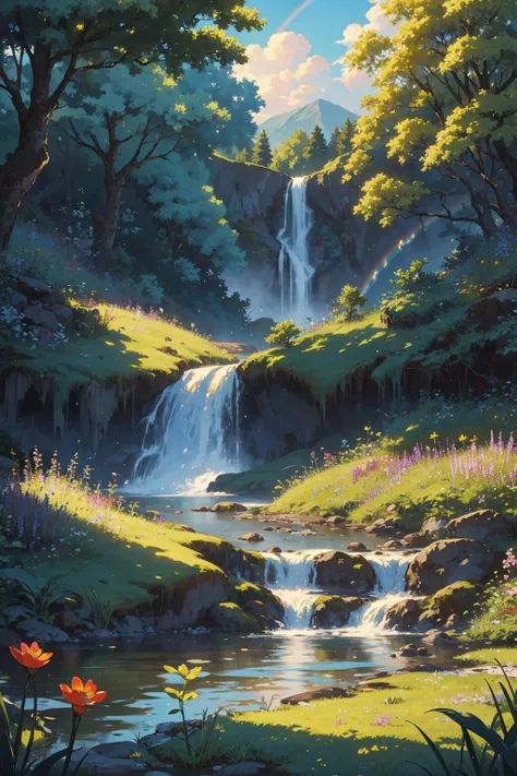 (masterpiece:1.1), (highest quality:1.1), (HDR:1.0), bush, cloud, day, field, flower, forest, garden, grass, jungle, natural spring, landscape, moss, mountain, nature, no humans, outdoors, overgrown, path, plant, pond, rainbow, river, rock, scenery, sky, stream, sunlight, tree, tree stump, water, waterfall