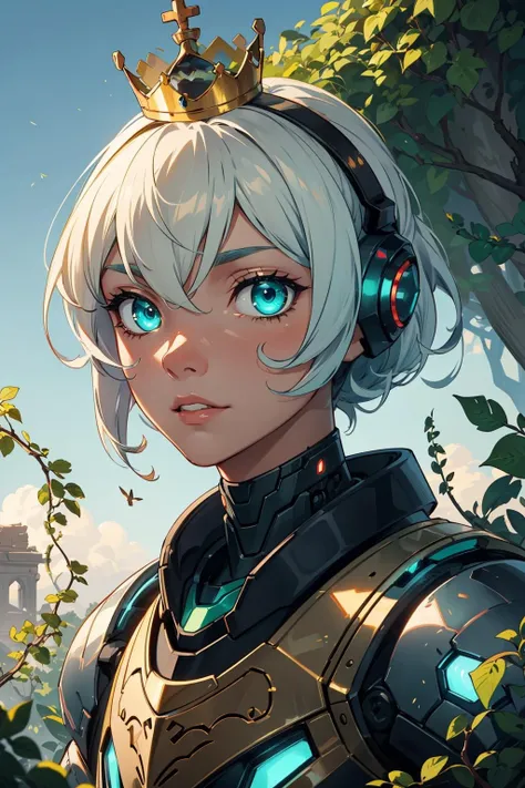 (intricate details), eldritch, (robot:1.3), teal, (green:1.2), (white:0.9), epic, armor, (pauldrons:0.8), crown, portrait, cyber \(theme\), wise, vines, moss, sunbeam, ruins, glow, magic dust eyes, metal, (golden)