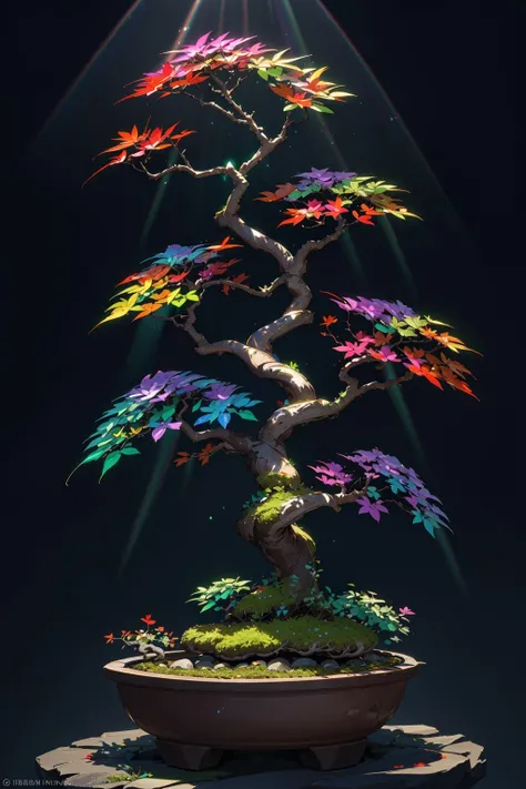 extreme quality, cg, rainbow colorful (bioluminescent leaves:1.3), growing bonsai, strong, (sprawling:0.8), branches, growth, growing, leaf, texture, 8k, top tier, life-like, octane render, tone mapping, (iridescent:1.4), cinematic, light refraction, styled, creative, masterpiece, dark background