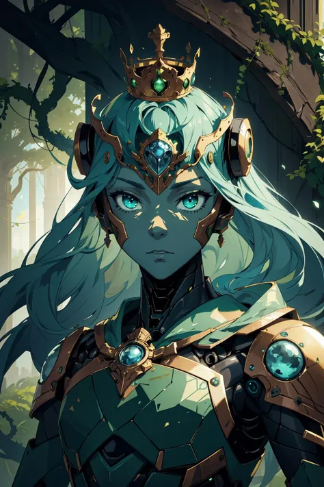 (intricate details), eldritch, (robot:1.3), teal, (green:1.2), (white:0.9), epic, armor, (pauldrons:0.8), crown, portrait, cyber \(theme\), wise, vines, moss, sunbeam, ruins, glow, magic dust eyes, metal, (golden)