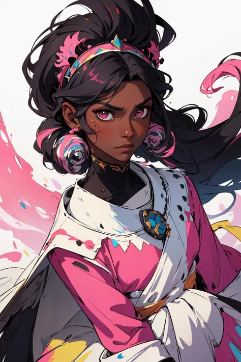 photo of a colorful girl, headdress, crown, (looking up:0.85), determined, tactical armor, white tiger ears, flat colors, from above, upper body, hero, masterpiece, (pov), color splashes, merged colors, paint splatter, high contrast, complimentary colors, colorful background, (spiral background), varied depth of field, scene, (limited palette:1.13), moviee, colorful, full lips, black hair, big hair, long hair, (dark skin) hawk eyes, (pink), by Jeremy Lipking, by Antonio J Manzanedo, (by Alphonse Mucha:0.5)