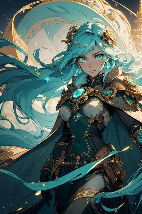 (intricate details),1girl, woman, hair ornament, cape, eldritch, white, (green:1.2), (dark theme:0.85), epic, rough cybersteam \(theme\), glow, glowing eyes, sparkle, long hair, (floating hair:1.2), aura, (gold:1.2), steampunk, (aqua theme:1.2), technology, scifi, (castle), bubbles