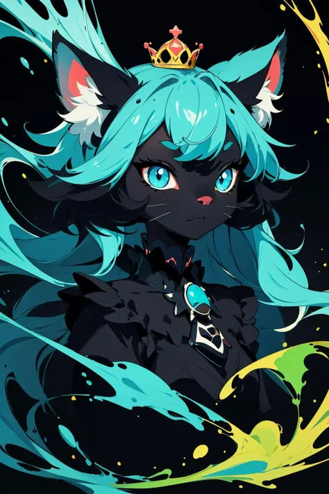 masterpiece, best quality, ultra high res, a cute cat, animal, beautiful, visually stunning, elegant, incredible details, award-winning painting, high contrast, vector art, line art, splatter, flat color, color merge gradient, (kitten:0.7), (dark black theme:1.2), neon color, glowing, neon, (fluffy:1.19), crown, cat eyes, happy, aqua