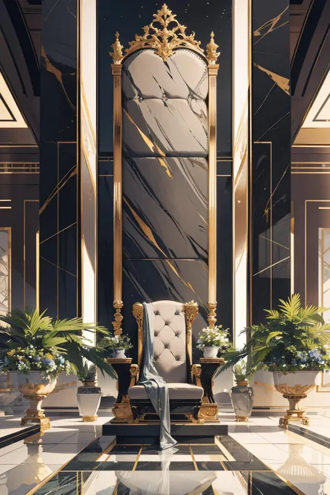 extreme quality, realistic photo of reflective marble flooring, (throne), nature, luxury, plants, supreme, ultra-detailed, extreme quality, masterpiece, 8k, intricate details, (no humans:1.3)