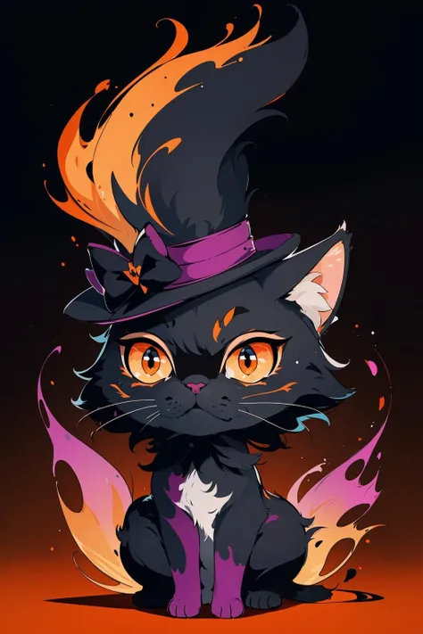 masterpiece, best quality, ultra high res, a cute cat, animal, beautiful, visually stunning, elegant, incredible details, award-winning painting, high contrast, vector art, line art, splatter, flat color, color merge gradient, (kitten:0.7), (dark orange theme:1.2), glowing, neon, (fluffy:1.2), top hat, cat eyes, serious, violet, (no humans:1.4)