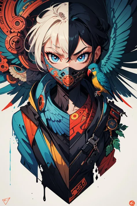 (art by Tristan Eaton:1.3) , 8k Painting, hyper detailed, body shot of a Timeless Parrot, Shameful, 50mm, Rust hue, most beautiful artwork in the world