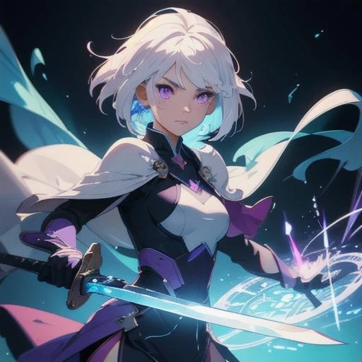 (masterpiece, best quality, chromatic aberration),
colorful, 1girl, white hair, purple eyes, dual wielding, sword, holding sword, blue flames, glow, glowing weapon, light particles,magic circle,