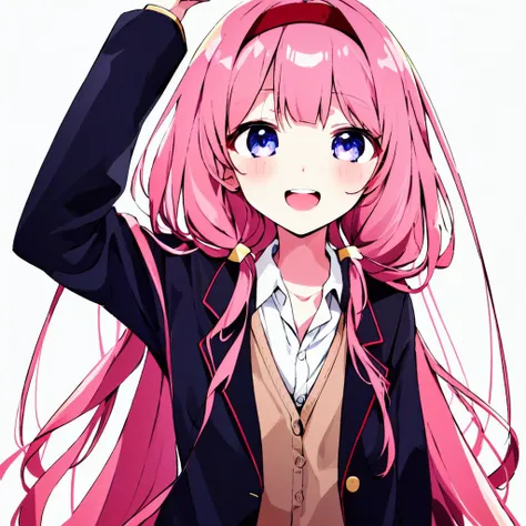 suou sango,<lora:suou sango:1.0>,suou sango,1girl, virtual youtuber, solo, long hair, pink hair, white background, smile, simple background, holding, open mouth, bangs, blush, blue eyes, black shirt, white jacket, open clothes, black hairband, looking at viewer, holding food, plaid bow, long sleeves, open jacket, collared shirt, teeth, very long hair, red bow, blazer, hand on own face, :d, school uniform, upper teeth only, plaid, black skirt, upper body, brown cardigan, bowtie, hand on own cheek