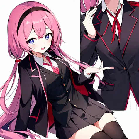 suou sango,<lora:suou sango3:1.0>,1girl, virtual youtuber, solo, thighhighs, pink hair, long hair, jacket, skirt, white background, open mouth, simple background, hairband, black thighhighs, black skirt, smile, armband, white jacket, bow, black hairband, blue eyes, school uniform, shirt, cardigan, purple eyes, bangs, hair between eyes, brown cardigan, black shirt, breasts, long sleeves, blazer, collared shirt, open clothes, zettai ryouiki, pleated skirt,pigtails