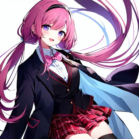 suou sango,<lora:suou sango3:1.0>,1girl, virtual youtuber, solo, thighhighs, pink hair, long hair, skirt, jacket, plaid bow, black skirt, white background, black thighhighs, shirt, hairband, simple background, black shirt, smile, black hairband, looking at viewer, twitter username, white jacket, pleated skirt, very long hair, bangs, purple eyes, open clothes, bow, collared shirt, blush, armband, long sleeves, cardigan, open mouth, blazer, open jacket, school uniform, sleeves past wrists, plaid, plaid bowtie, brown cardigan, blue eyes, hand up, :d,pigtails