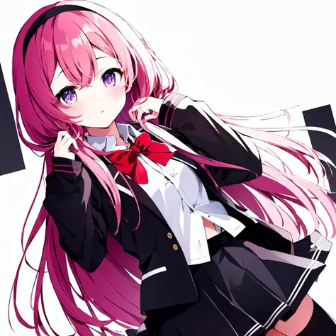 suou sango,<lora:suou sango:0.8>,1girl, virtual youtuber, solo, thighhighs, long hair, pink hair, skirt, jacket, hairband, black skirt, black thighhighs, purple eyes, bow, white jacket, bangs, shirt, black shirt, cardigan, collared shirt, sleeves past wrists, red bow, black hairband, vest, looking at viewer, bowtie, school uniform, brown cardigan