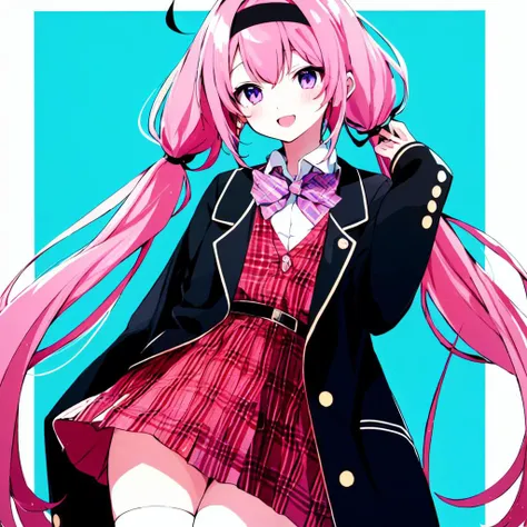 pov, white background, 1girl, full body, facing viewer, medium breasts, standing, legs apart, half squat,spread legs, hair tucking, hand on waist, bare shoulders, cropped vest, pleated skirt, parted lips, long hair, pink hair, parted bangs, heart-shaped pupils, thigh boots
