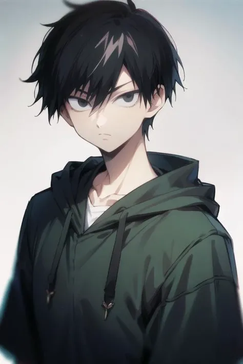masterpiece, best quality, high quality, 1boy, solo, male focus, looking at viewer, upper body, <lora:kuro:0.72>, kuro, black hair, black eyes, short hair, , hoodie