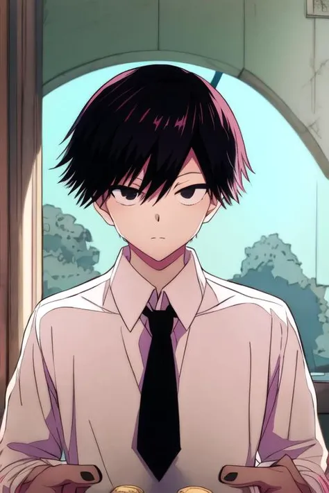 masterpiece, best quality, high quality, 1boy, solo, male focus, looking at viewer, upper body, <lora:kuro:0.74>, kuro, black hair, black eyes, short hair, , formal, necktie, dress shirt