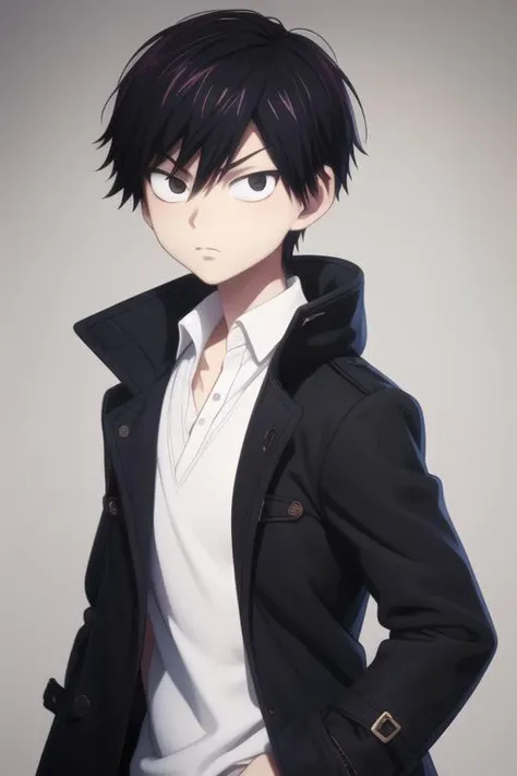 masterpiece, best quality, high quality, 1boy, solo, male focus, looking at viewer, upper body, <lora:kuro:0.74>, kuro, black hair, black eyes, short hair, , coat