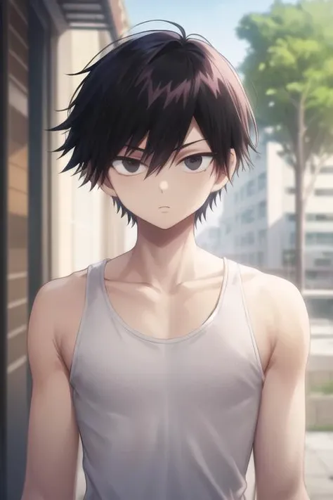 masterpiece, best quality, high quality, 1boy, solo, male focus, looking at viewer, upper body, <lora:kuro:0.66>, kuro, black hair, black eyes, short hair, , tank top